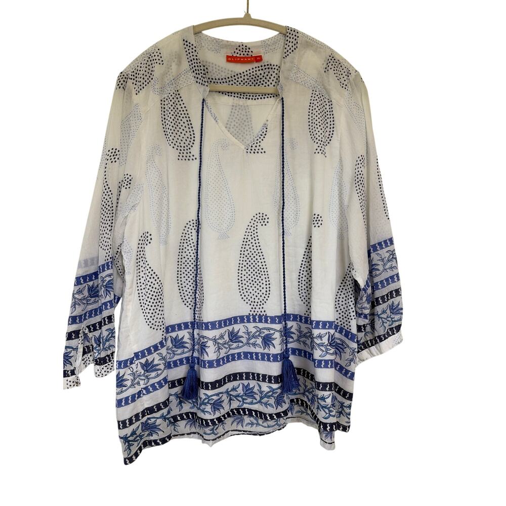 Oliphant Block Print Tunic White Blue Paisley Tassel Tie Neck Cotton Womens XL